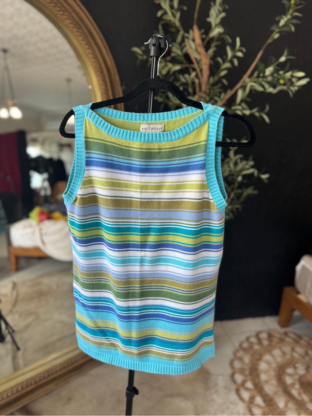 White Stag Striped Knit Top in Aqua, Lime & Teal